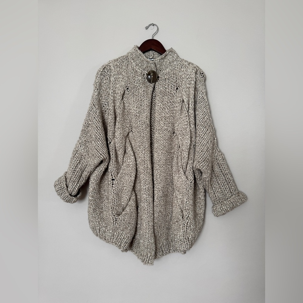 Lafayette 148 Wool/Cotton Taupe Chunky Knit Cardigan